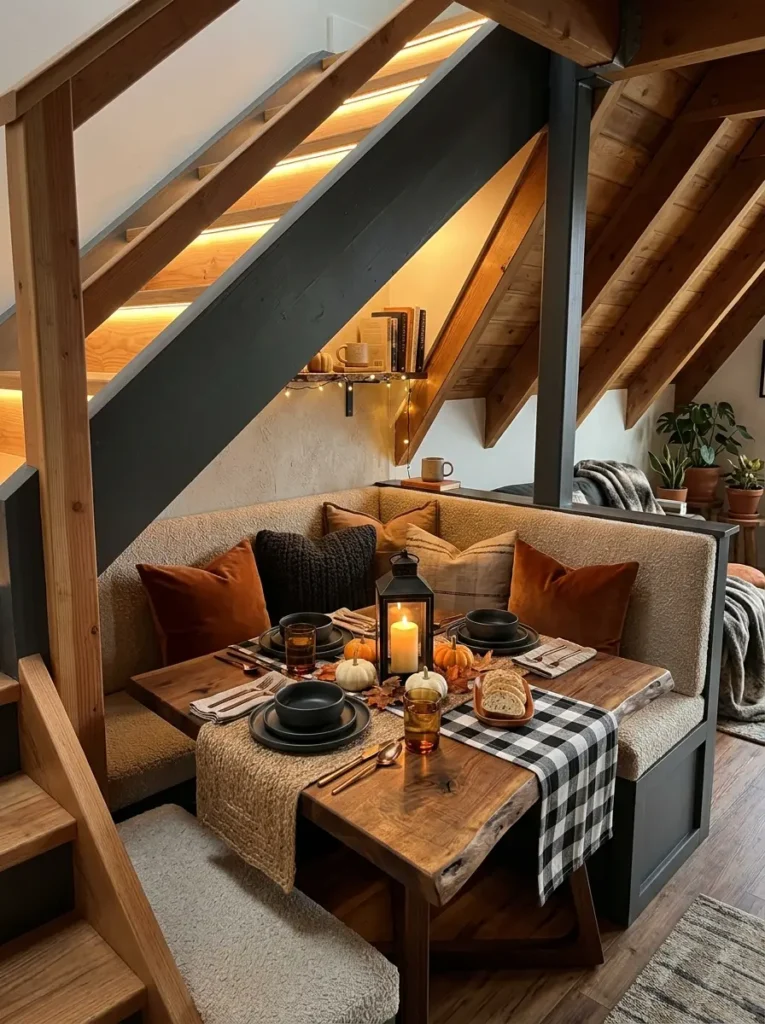 Wooden dining table and upholstered bench seating tucked neatly into the space underneath a staircase
