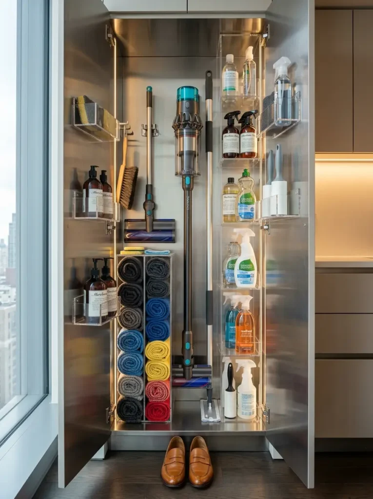 Silver cabinet doors open to reveal a stick vacuum cleaning bottles and folded cloths neatly organized.