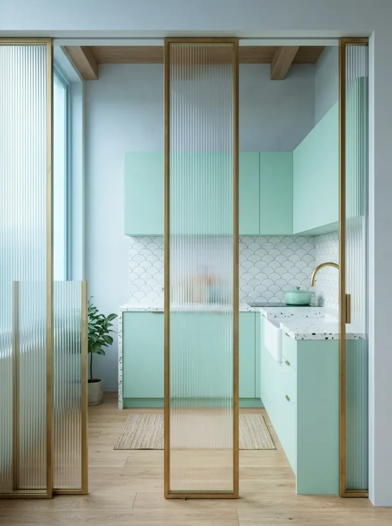 Tall fluted glass sliding doors with gold frames partially closed, showing a pastel mint green kitchen with scalloped tiles behind them.