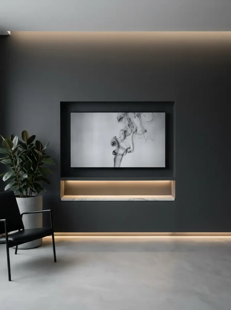 Recessed niche with an illuminated shelf encases the monitor in a dark small living room tv wall.