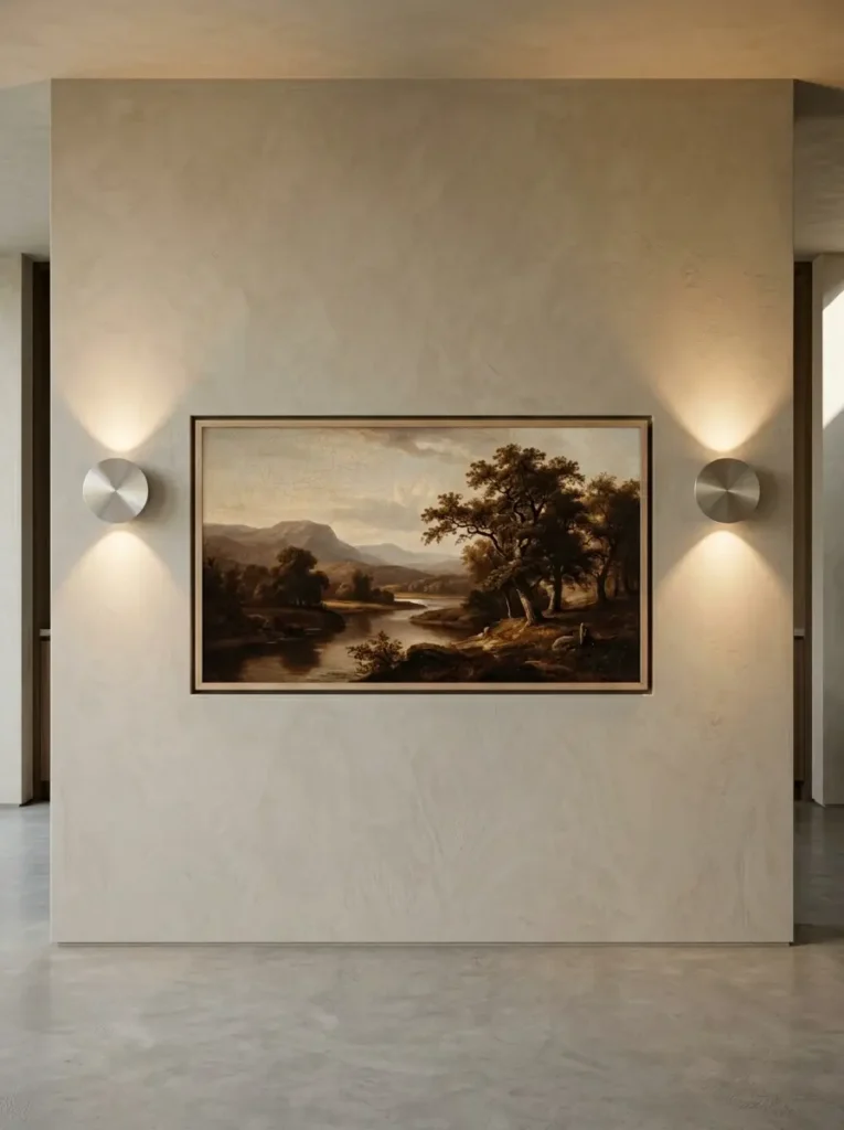 Digital television screen displaying a classic landscape painting mounted completely flush against a beige wall between two metal sconces.