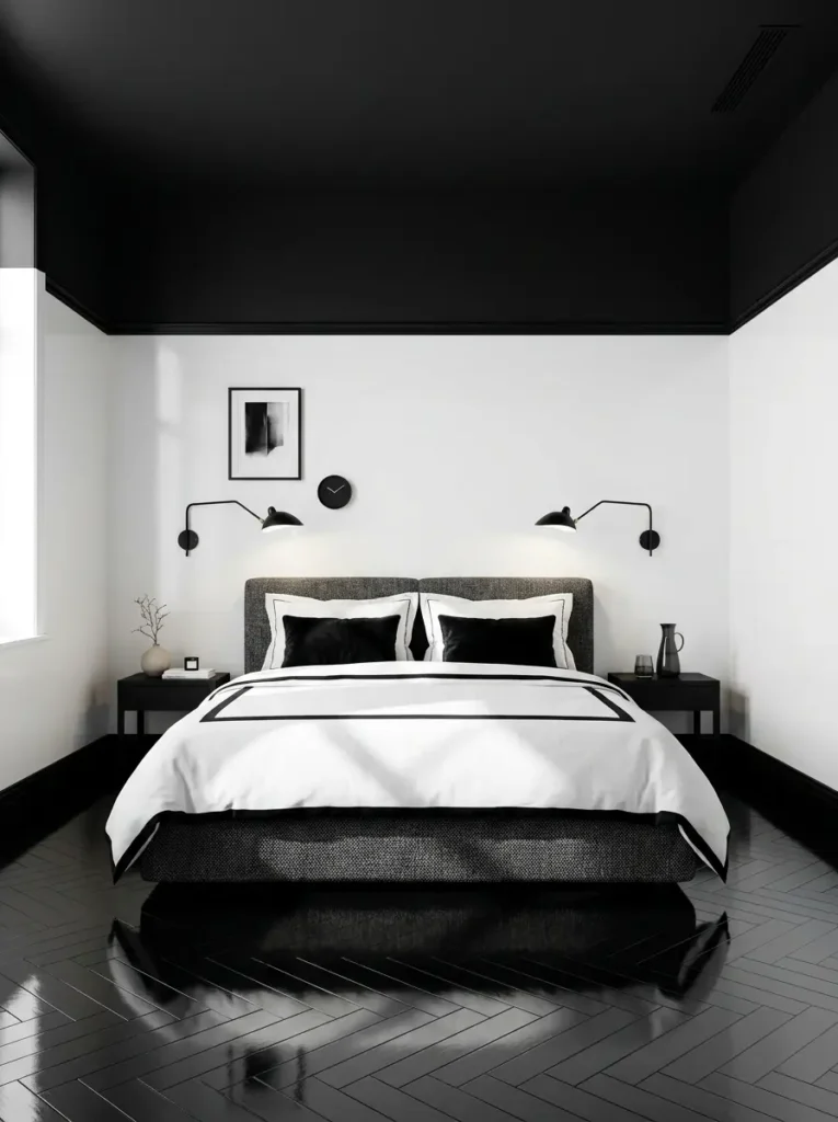 High contrast room design featuring a deep black painted ceiling above crisp white walls and a grey textured bed