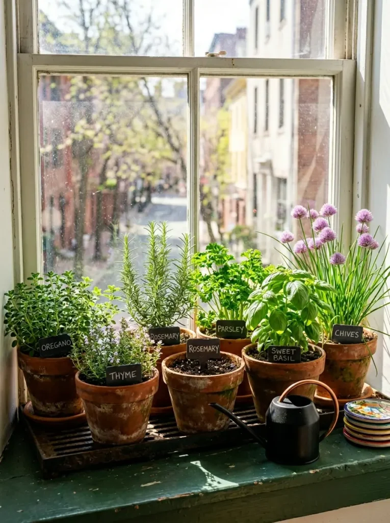 Potted basil thyme and chives line a window sill next to a watering can.
