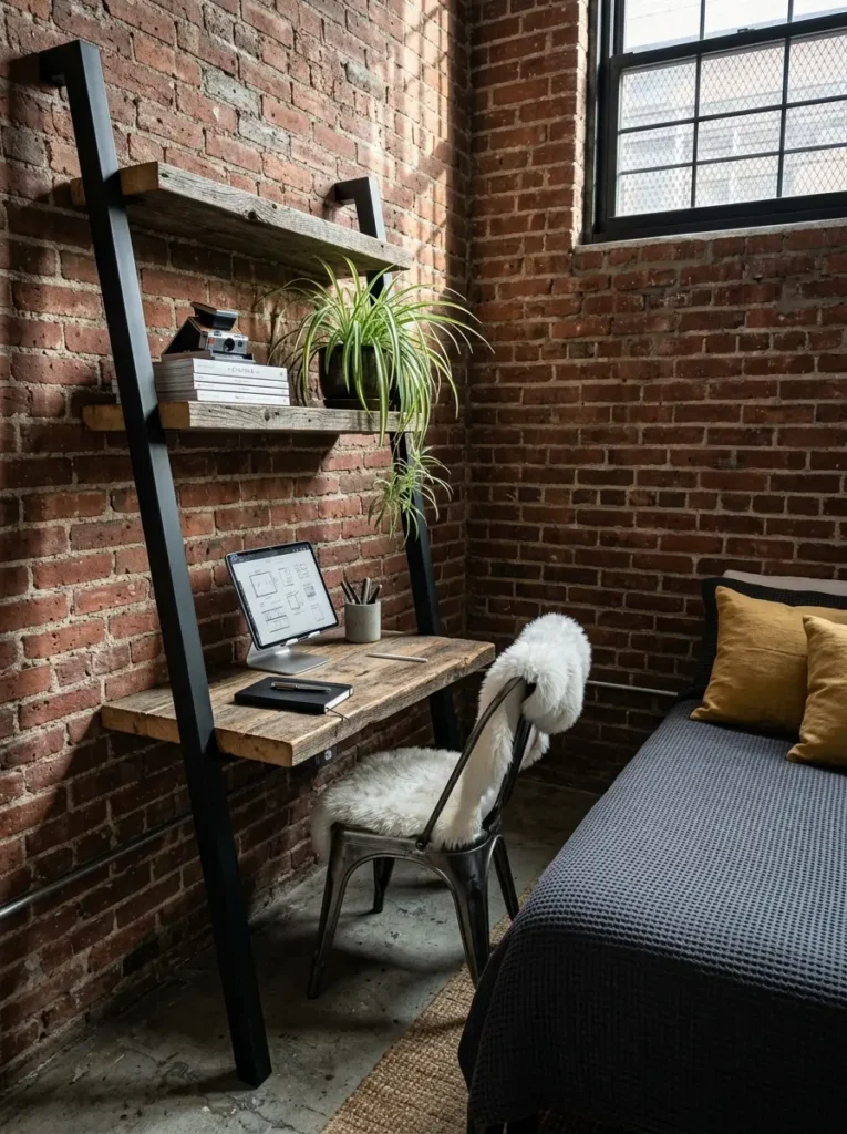 Wooden ladder shelves used as a desk against brick walls.