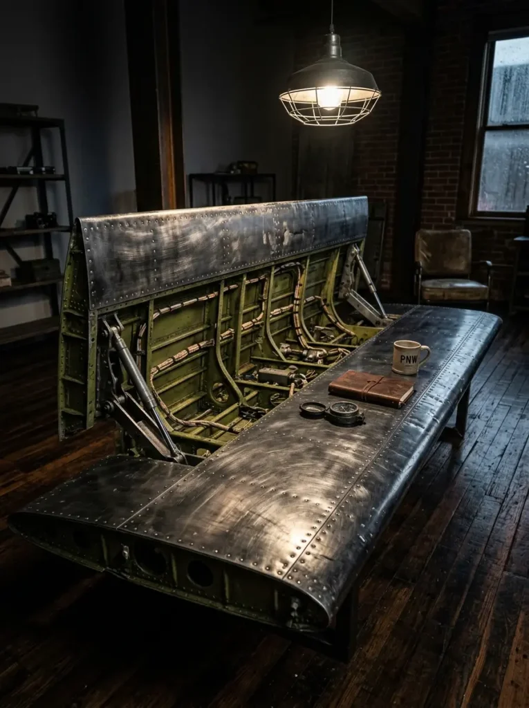 Airplane Wing Desk Table Long silver desk made from an airplane wing with a hinged top revealing internal mechanical parts.