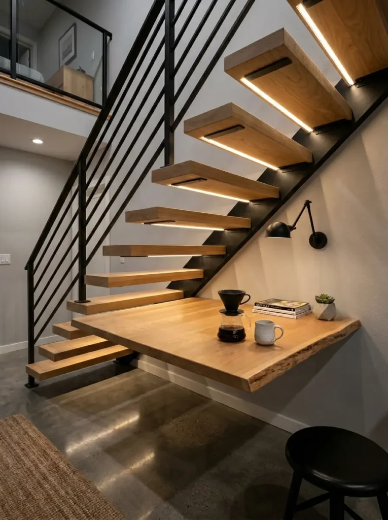 Floating Staircase Cantilever Wooden Ledge Solid wood space saving dining table extending out horizontally from underneath floating stair treads