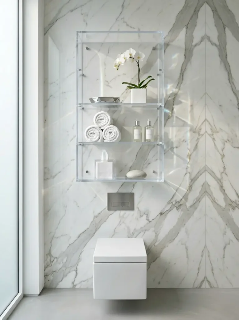 Three clear acrylic floating shelves holding white towels and an orchid against marble
