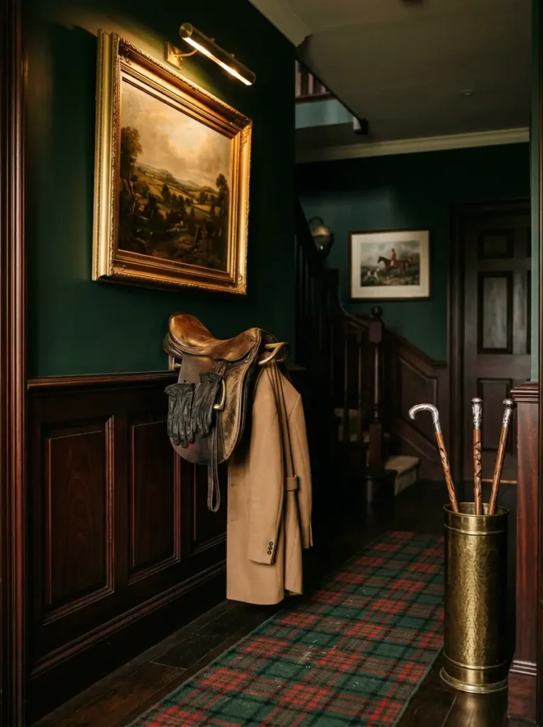 Vintage leather horse saddle mounts to dark green and mahogany wainscoting holding riding gloves and a coat.