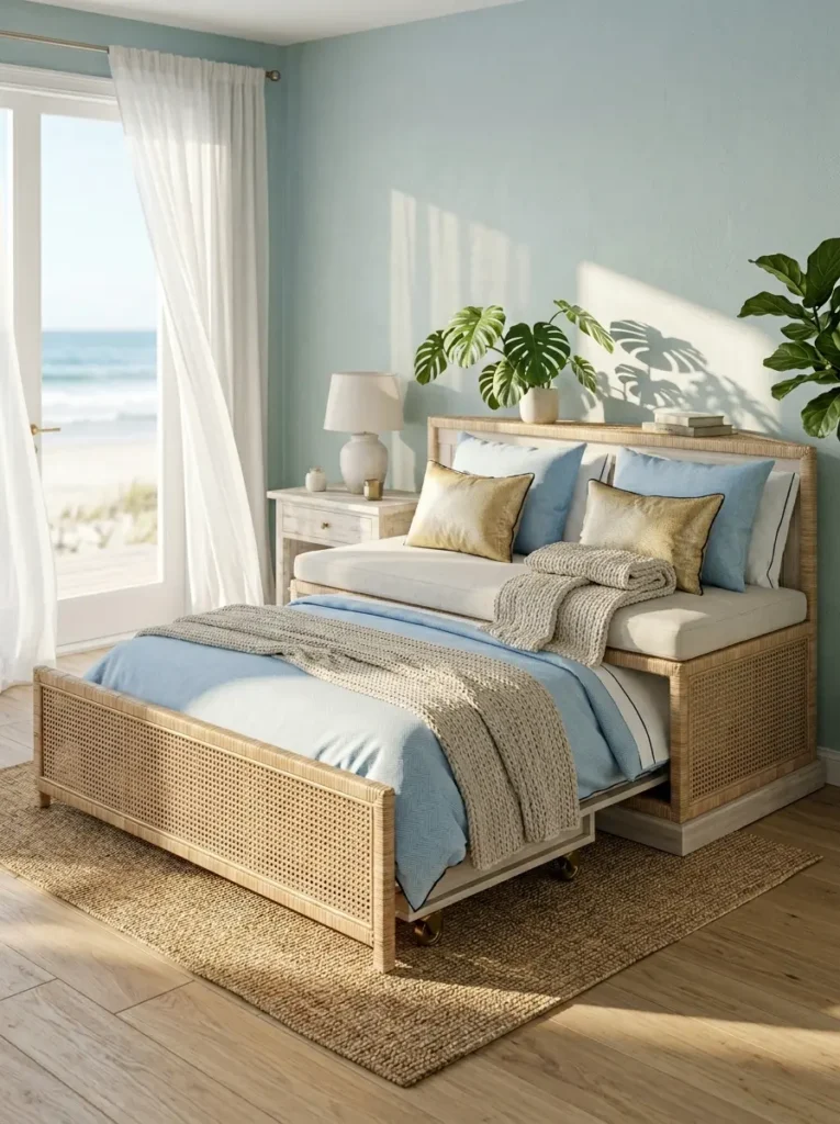Woven Rattan Daybed Converter Woven rattan coastal daybed frame that pulls out into a full sized affordable murphy bed.
