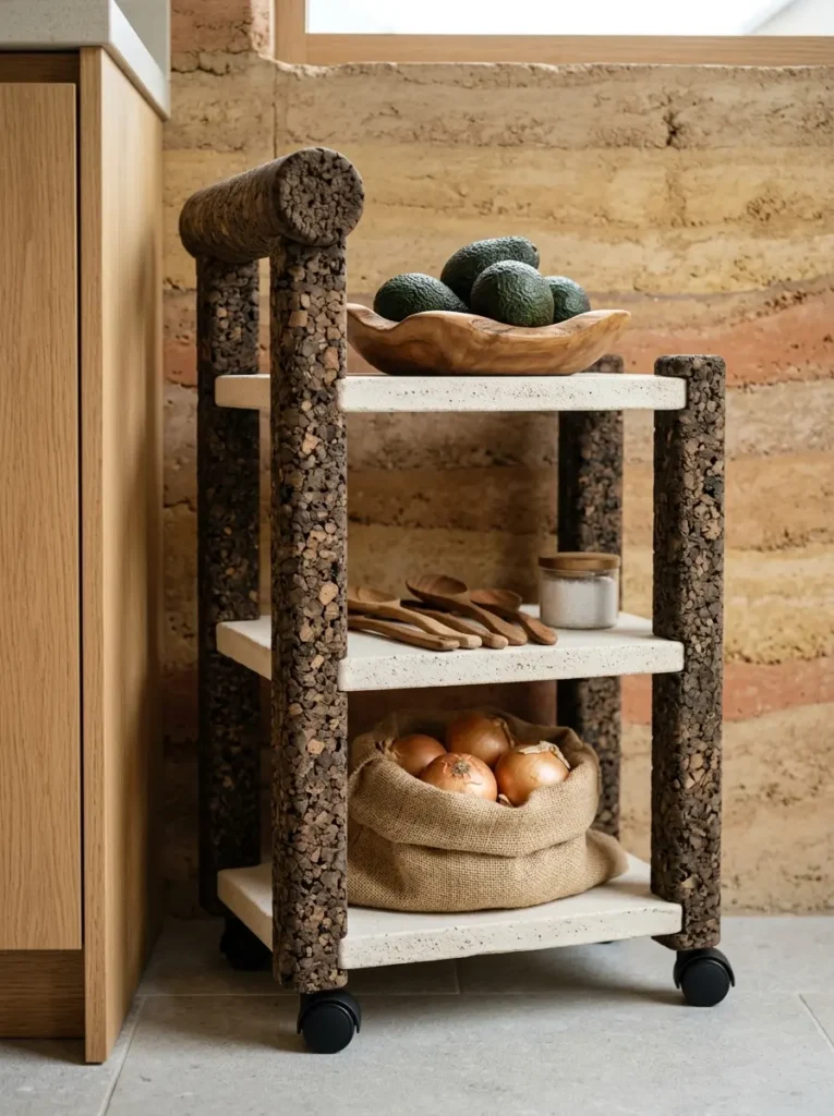 Earthy cart with thick cork pillars and white stone shelving


