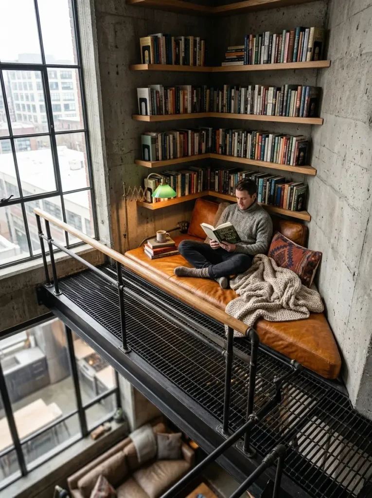 Industrial Loft Corner Man reading on a leather cushion in an industrial loft corner.