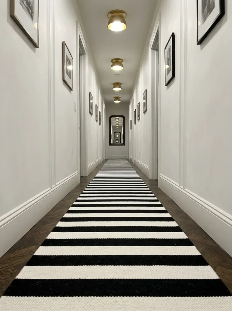 Black and White Striped Rug Long narrow hallway featuring a bold black and white horizontal striped runner rug.