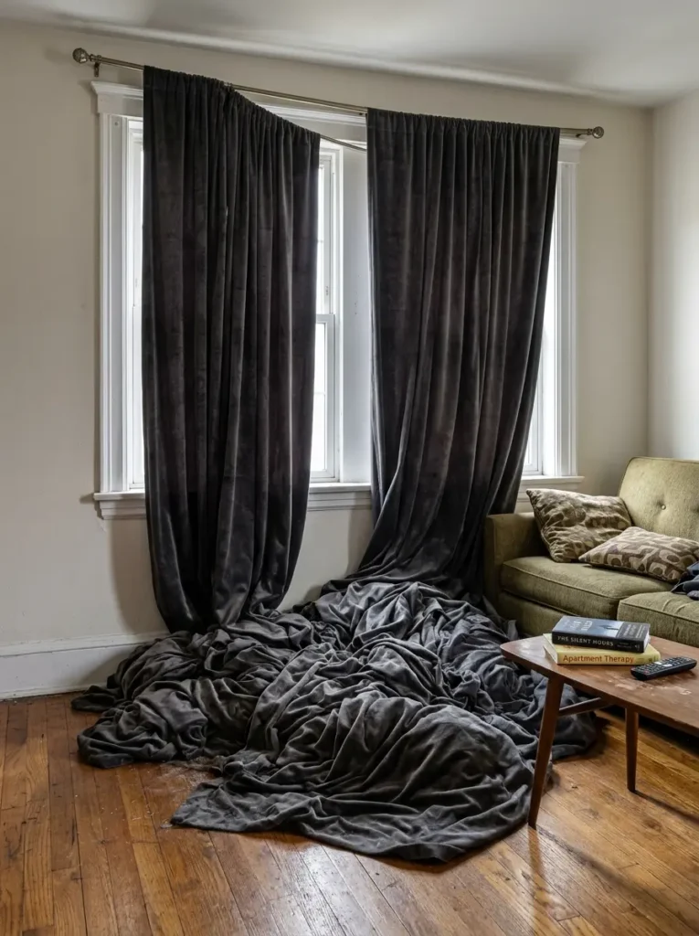 Extremely long heavy dark grey velvet curtains gathered in a massive messy pile on a wooden living room floor