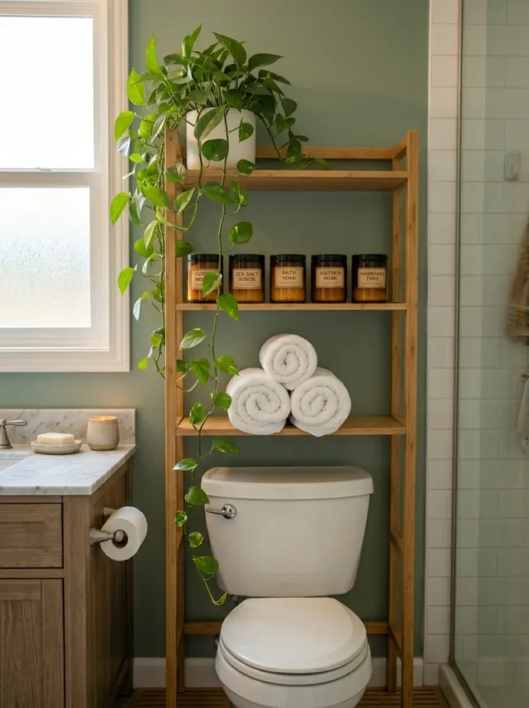 Tall bamboo racks hold green vines and rolled towels above a white ceramic toilet.