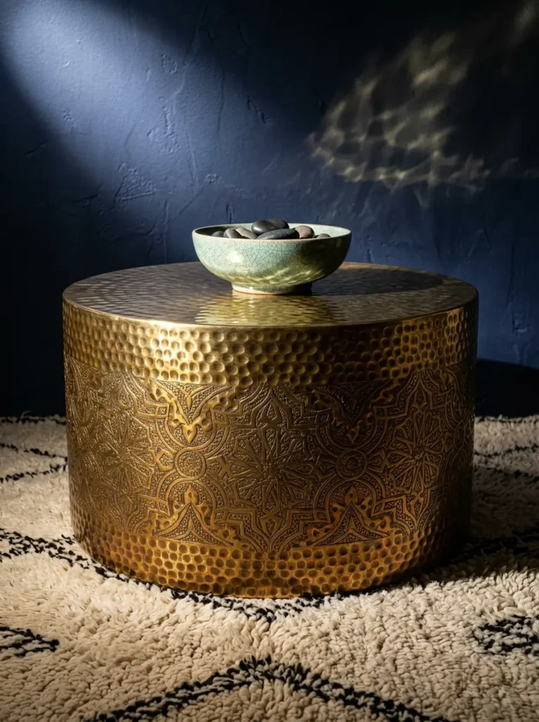 Etched Brass Drum Table Cylindrical gold brass coffee table with hammered texture and intricate geometric etchings
