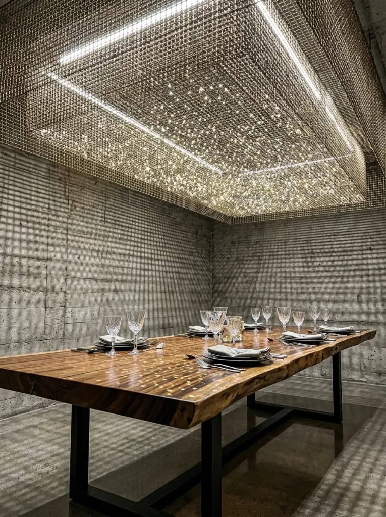 Metallic mesh ceiling diffuser scattering bright lighting for dark apartments.