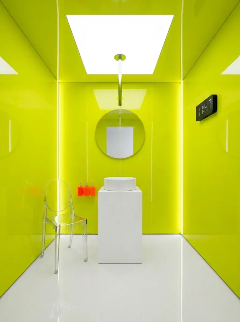 Chartreuse Yellow Modern Bathroom Neon chartreuse yellow bathroom with white pedestal sink