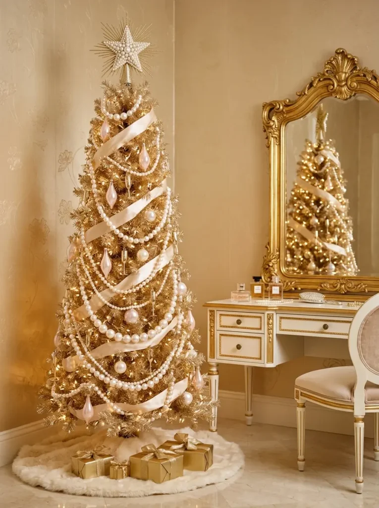 Shimmering gold tree draped in thick pearl strands pale pink teardrops and miniature champagne glasses