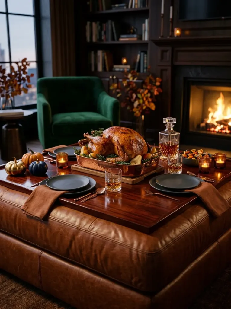 Large brown leather ottoman topped with a solid wooden board holding a roasted Thanksgiving turkey