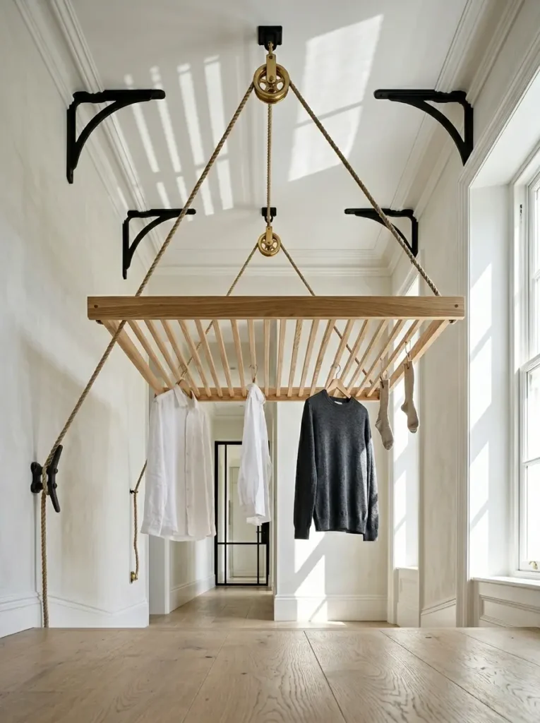 Slatted ash wood frame hangs from brass ceiling pulleys holding a dark sweater and white shirts.