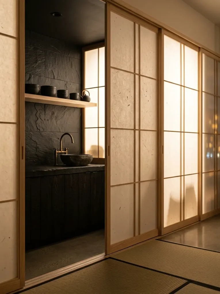 Traditional Japanese paper shoji screens sliding open to reveal a dark, textured stone kitchen wall and wooden cabinetry.