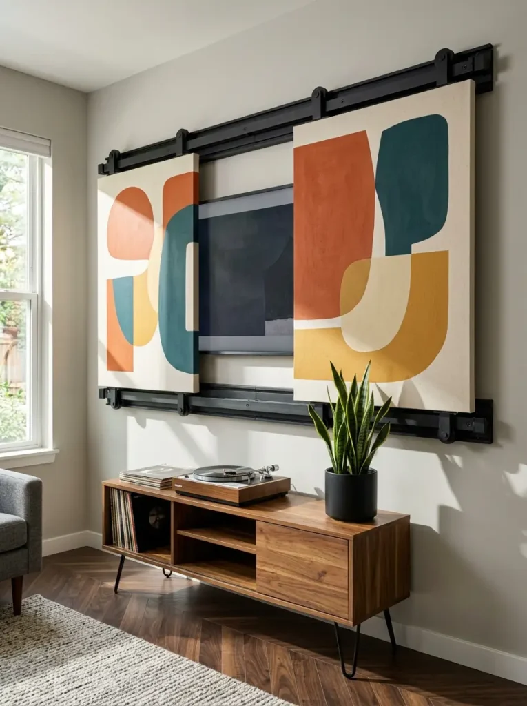 Sliding canvas cover system hides the screen behind abstract art on a small living room tv wall.