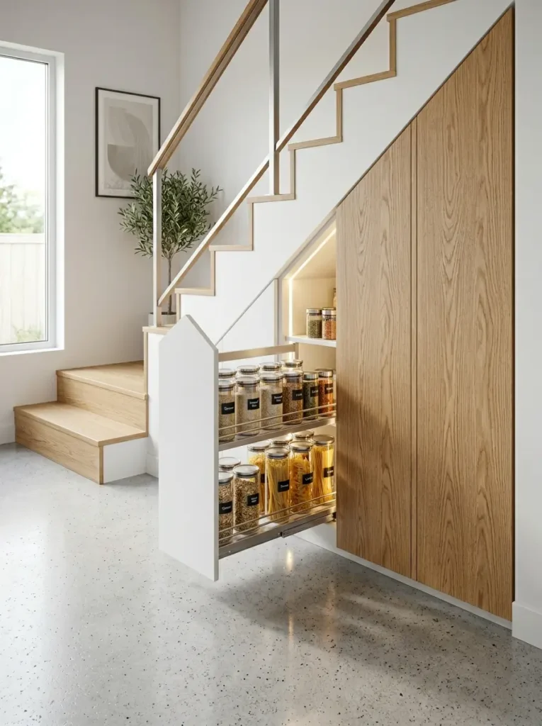 Tall vertical drawers pulling out from beneath a wooden staircase revealing custom shelving for glass food jars and pantry staples.
