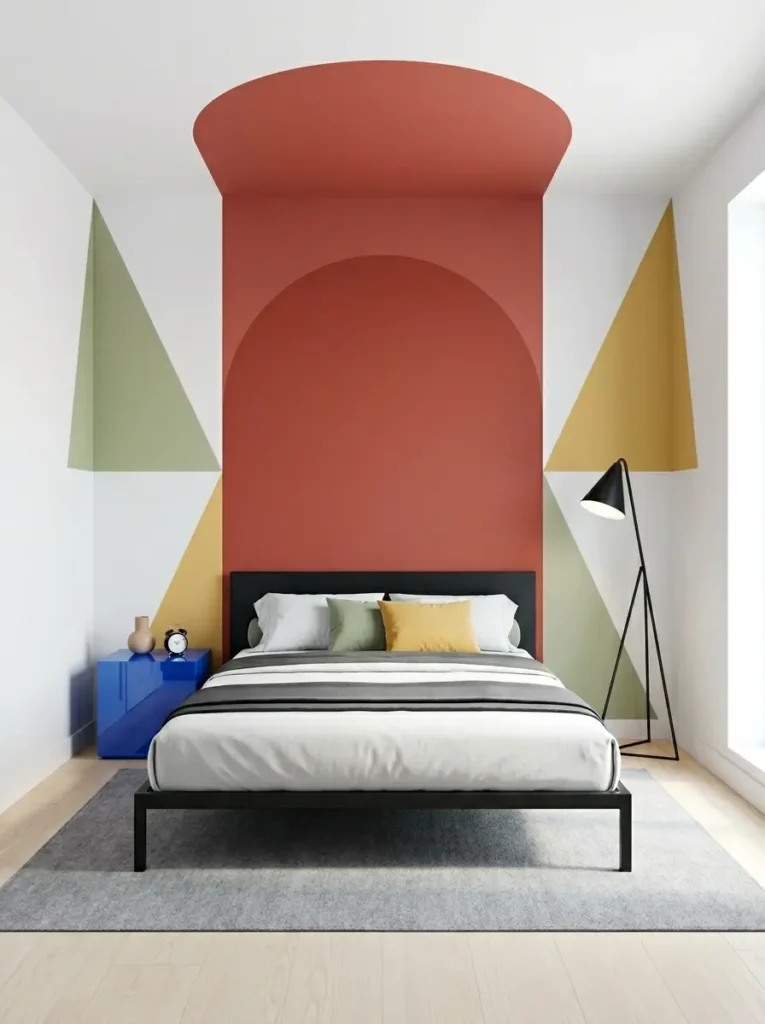 Colorful room decor featuring a painted terracotta arch behind the bed surrounded by green and yellow geometric wall shapes