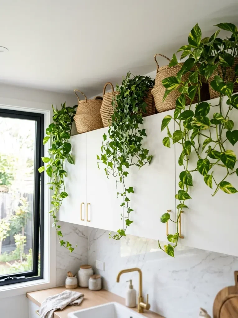 Pothos plants and woven baskets decorate the area above kitchen cabinets.