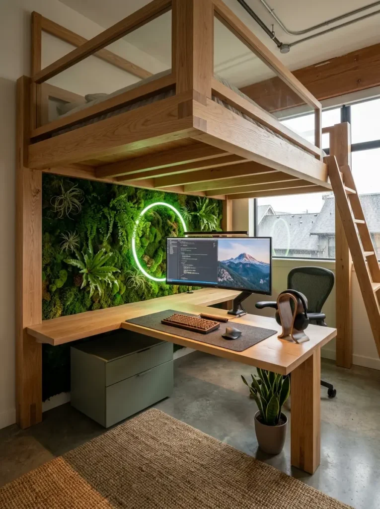 Live moss wall under a loft bed with a large monitor.