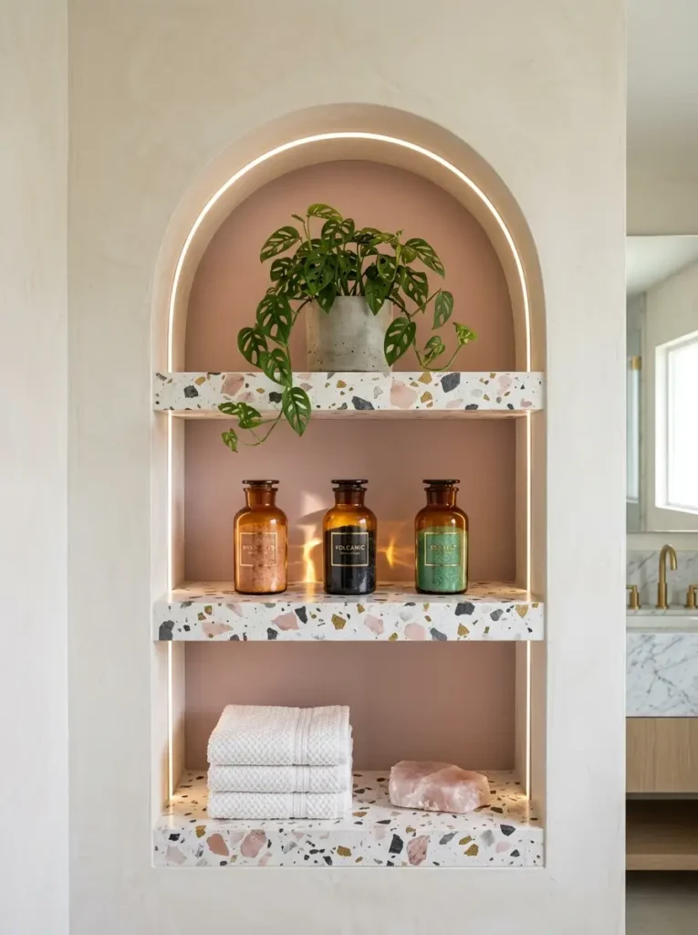 Illuminated arched wall niche with colorful terrazzo shelves holding bath salts and a plant.