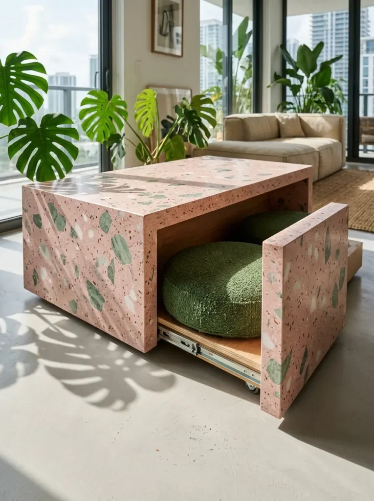Pink Terrazzo Cushion Storage Table Pink terrazzo rectangular table with a pull out drawer holding two green cushions.