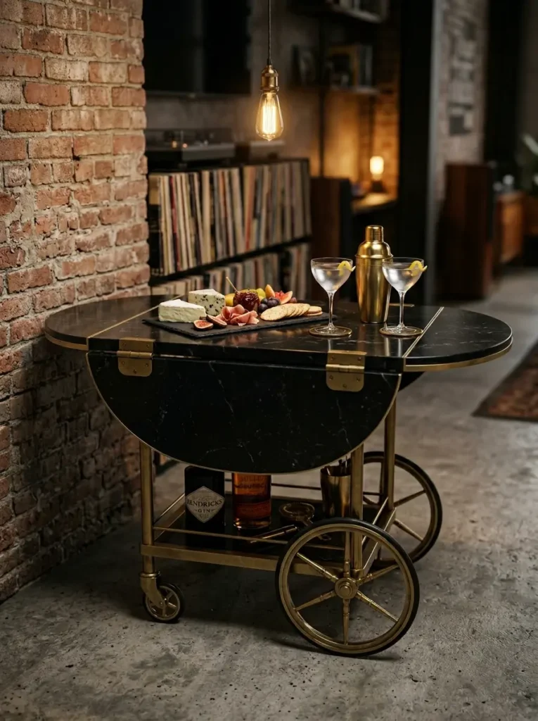 Black Marble Brass Wheel Drop Leaf Cart Mobile black marble drop leaf space saving dining table with brass wheels holding drinks and cheese.