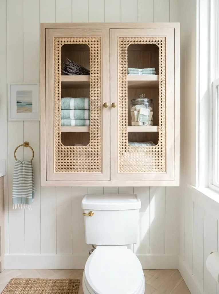 Light oak wall cabinet with woven cane door panels over a white toilet
