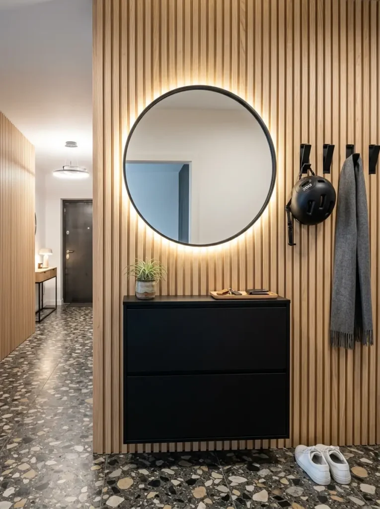 Large round mirror with warm backlighting hangs on a light oak slat wall over a black floating cabinet.