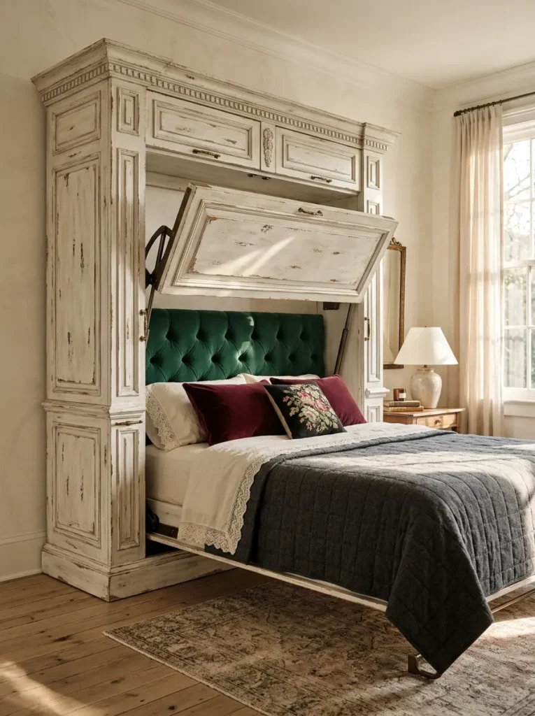 Antique Carved Wardrobe Bed Distressed white antique carved wardrobe that lowers to expose an affordable murphy bed with a green headboard.