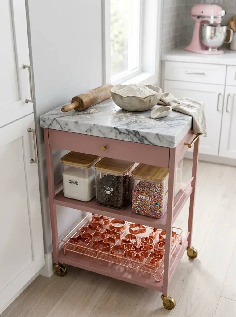 Soft pink metal cart with white marble top and copper baking tools