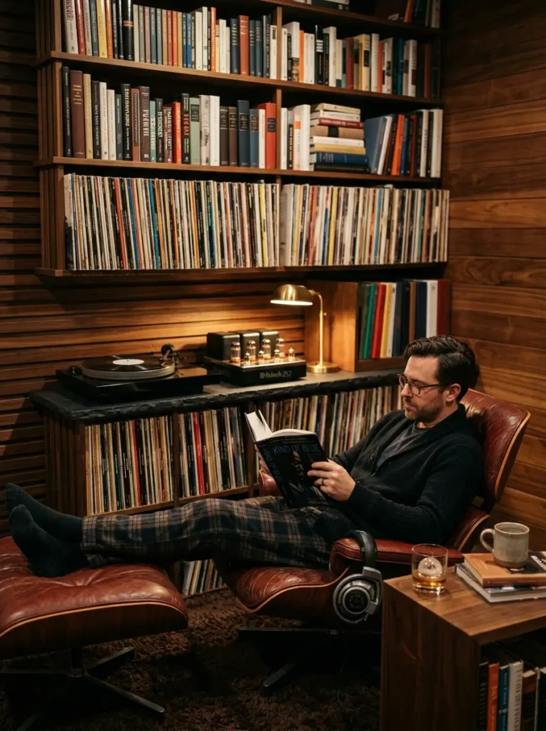 Music Room Recliner Man reading in a brown leather recliner surrounded by vinyl records and books.