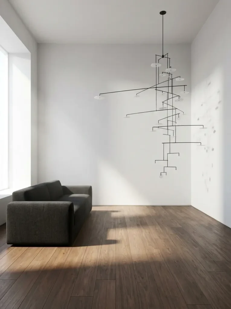 Hanging Wire Art Mobile Large black wire hanging mobile with white discs floating above a dark gray sofa.