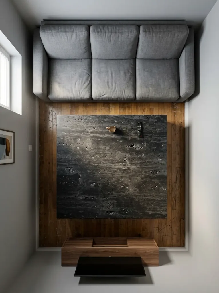 Top down view of a massive dark square stone coffee table taking up all the walking space in a tiny living room
