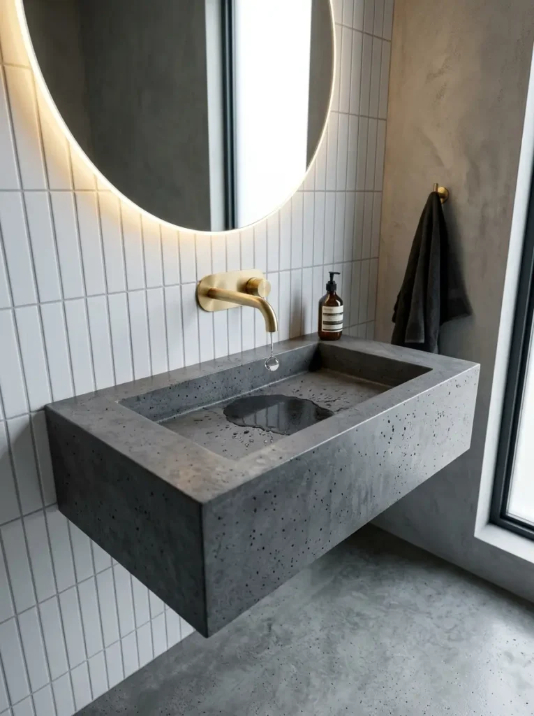 A heavy gray stone basin mounts directly onto a white tiled bathroom wall.