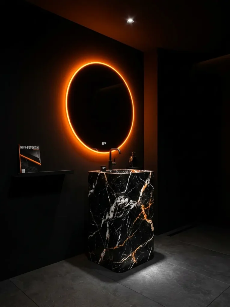 Black Marble Pedestal Bathroom Matte black walls with marble sink and orange halo mirror