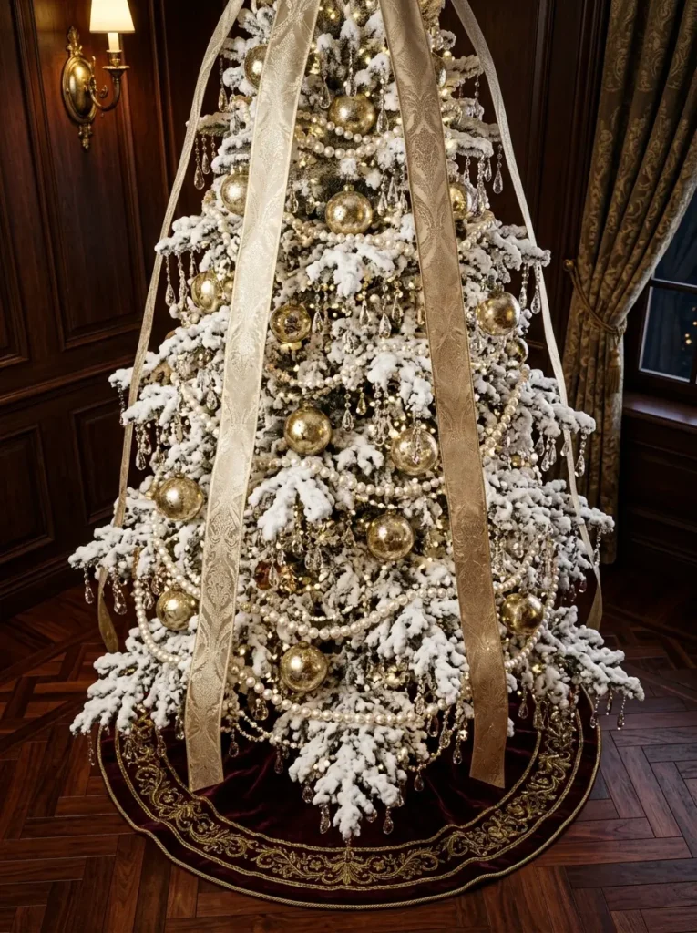 Heavily frosted Christmas tree featuring huge golden baubles crystal teardrops and wide champagne ribbons