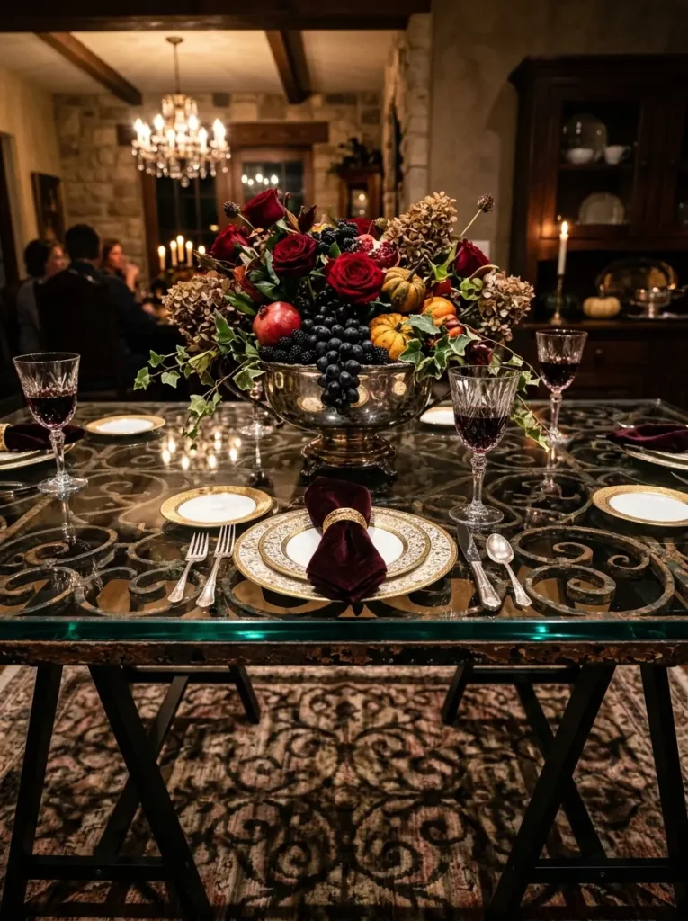 Antique wrought iron table base topped with clear glass holding an oversized silver bowl of flowers