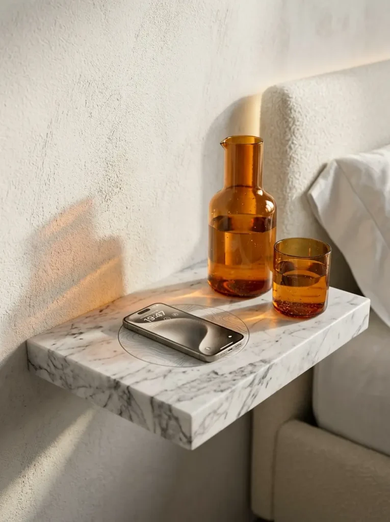 White stone slab mounted to a wall holds a smartphone on an engraved charging circle next to orange glassware.