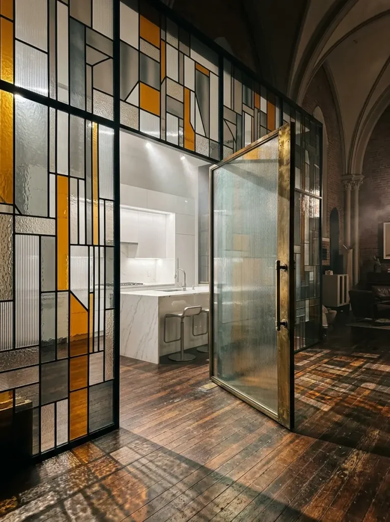 A massive geometric stained glass room divider with an open brass-framed door revealing a sleek white kitchen in a brick room.