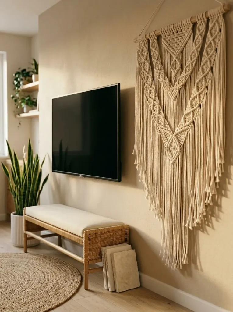 Large macrame wall hanging beside a screen and rattan bench in a boho small living room tv wall.