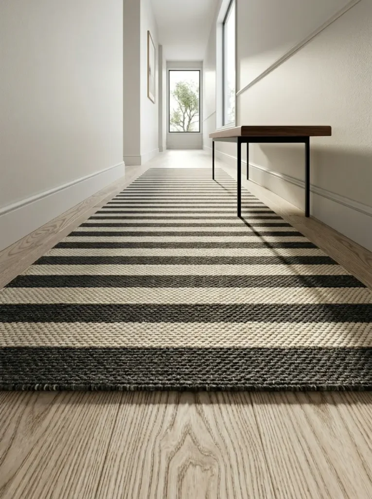 Bold black and white striped flat weave rug running down a narrow corridor with a wooden bench next to a bright window.