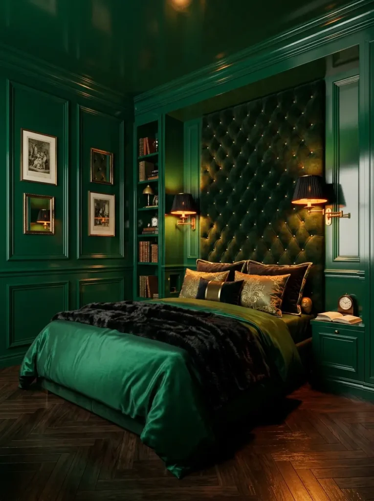 Luxurious monochromatic room painted entirely in high gloss emerald green featuring a large tufted velvet headboard