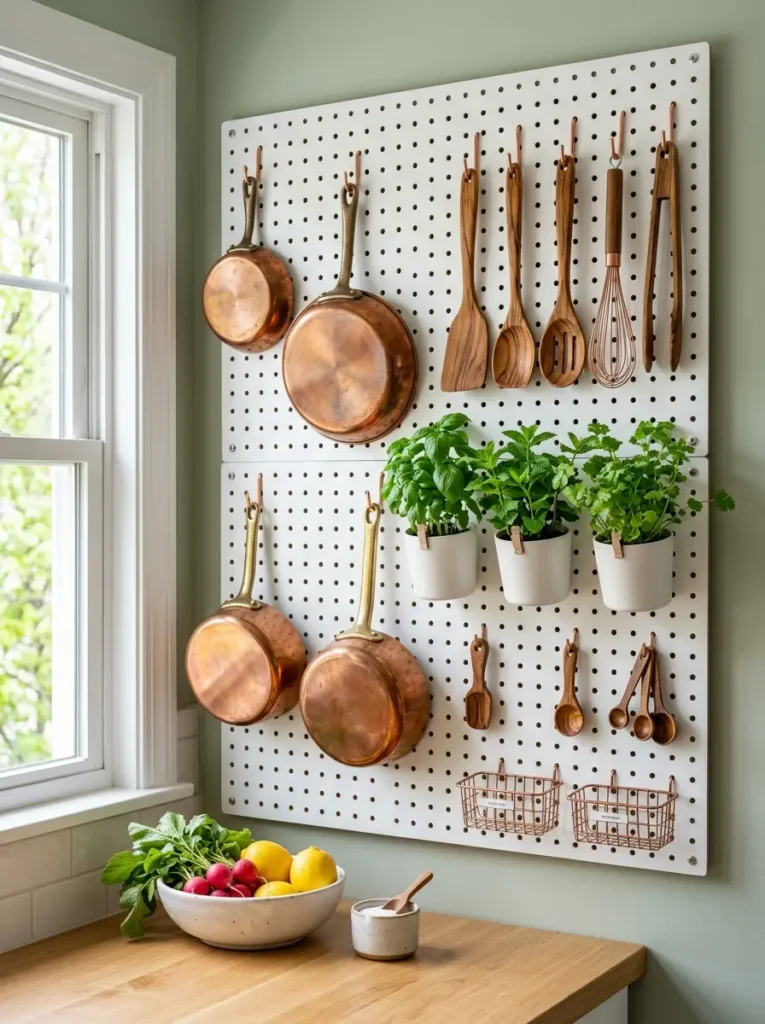 Copper pans wooden spoons and potted herbs hang on a kitchen pegboard.